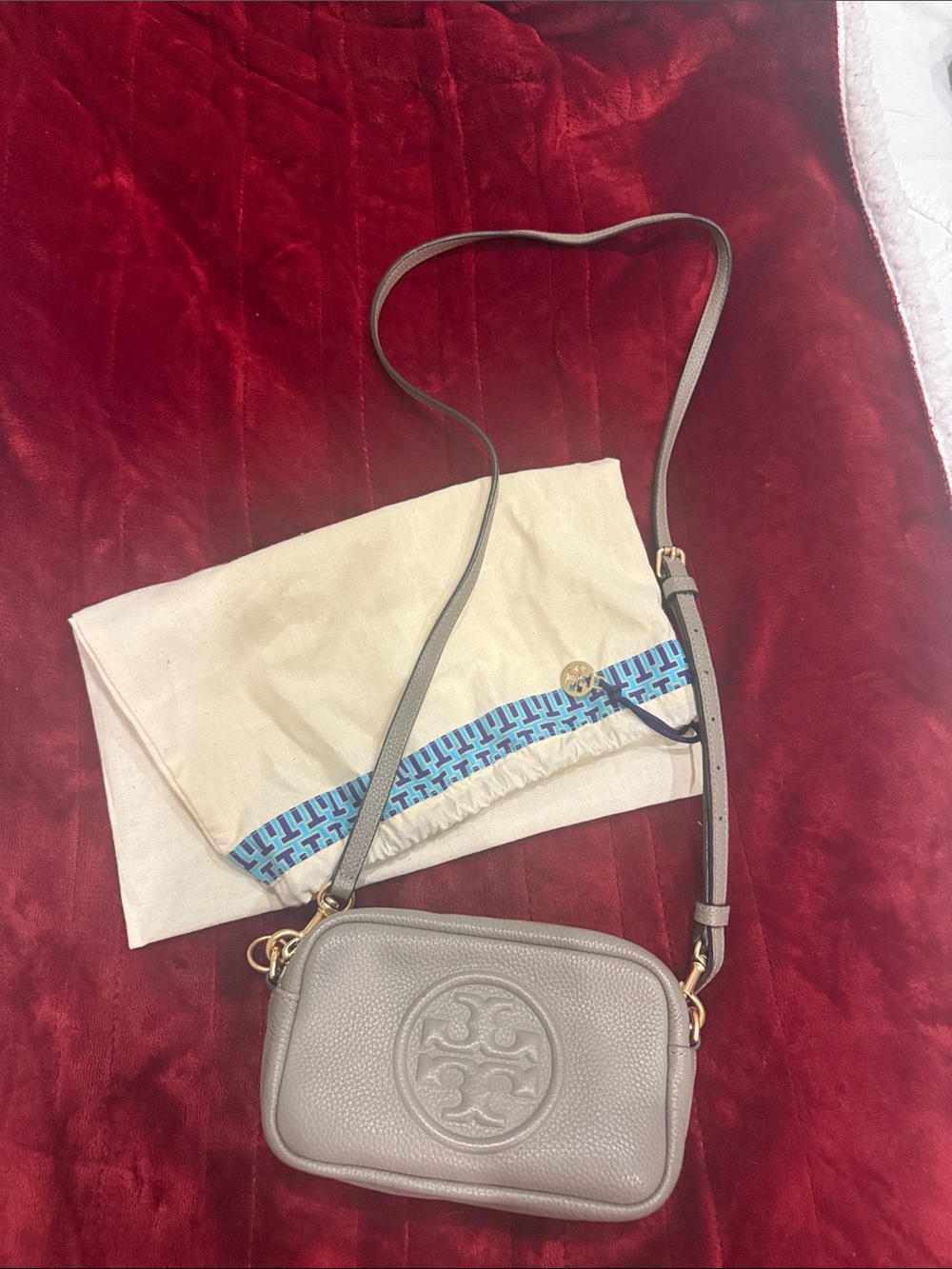 Tory Burch Gray Pebbled Leather Crossbody with Logo